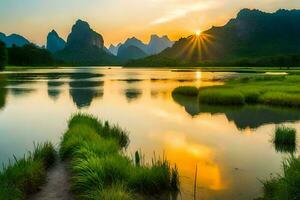 the sun rises over a river and mountains in china. AI-Generated photo