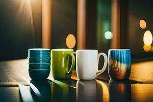 un fila de café tazas forrado arriba en un mesa. generado por ai foto