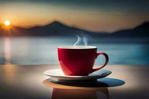 un rojo taza de café en un mesa con un ver de el océano. generado por ai foto