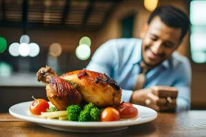 a man eating a chicken. AI-Generated photo