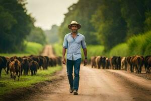 a man in a hat walking down a dirt road with cattle. AI-Generated photo