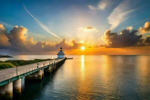 the sun rises over a lighthouse on a pier. AI-Generated photo