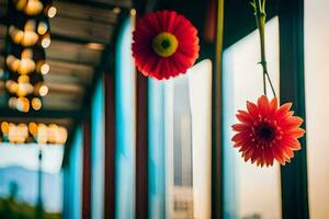 flowers hanging from the ceiling in a restaurant. AI-Generated photo