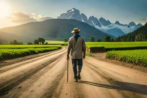 a man walking down a dirt road with mountains in the background. AI-Generated photo