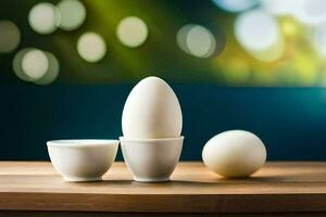 three eggs sit in white cups on a table. AI-Generated photo