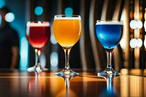 three glasses of different colored drinks on a bar. AI-Generated photo