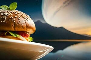 a hamburger on a plate with a view of the moon. AI-Generated photo