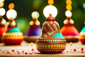 many colorful decorated vases are sitting on a table. AI-Generated photo