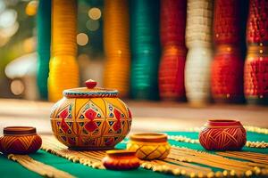 colorful pottery on a table with other items. AI-Generated photo