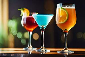 three different types of cocktails on a bar. AI-Generated photo