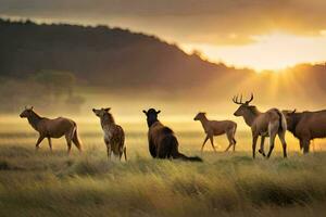 un manada de ciervo y antílope en el puesta de sol. generado por ai foto