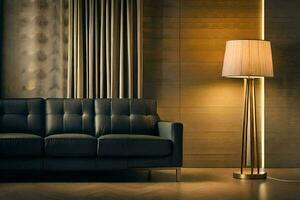 a modern living room with a leather couch and lamp. AI-Generated photo