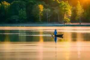 un hombre en un barco en un lago a puesta de sol. generado por ai foto