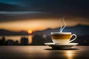 un taza de café en un mesa con un ver de el ciudad. generado por ai foto