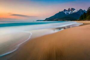 a beach with mountains in the background. AI-Generated photo