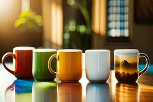 five colorful coffee mugs lined up on a table. AI-Generated photo