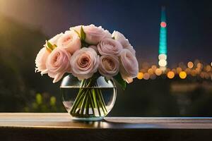 pink roses in a vase on a table with a city view. AI-Generated photo