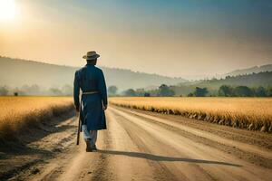 a man in a hat and blue dress walking down a dirt road. AI-Generated photo