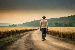 a man walking down a dirt road with a cane. AI-Generated photo