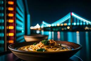 un cuenco de pasta con un ver de el puente. generado por ai foto