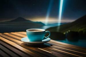 a cup of coffee on a wooden table with a mountain in the background. AI-Generated photo
