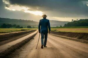 a man in a suit walks down a dirt road. AI-Generated photo