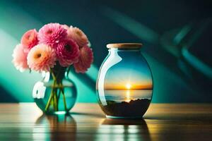 a vase with flowers and a sunset in the background. AI-Generated photo