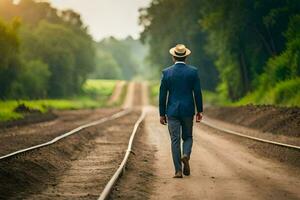 a man in a suit and hat walks down a railroad track. AI-Generated photo