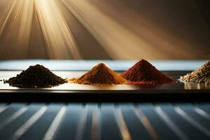 three different types of spices are shown on a tray. AI-Generated photo