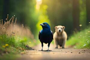 a dog and a crow standing on a path. AI-Generated photo