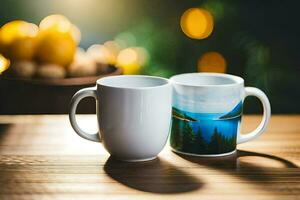 two coffee mugs on a table with a blurry background. AI-Generated photo