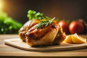 two chicken breasts on a cutting board with lemon slices. AI-Generated photo