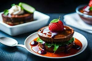 two small cakes with strawberries and sauce on them. AI-Generated photo