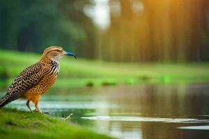 a bird is standing on the grass near a pond. AI-Generated photo