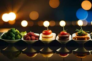 a row of small plates with different types of food. AI-Generated photo