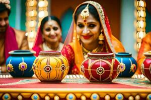 a bride and groom in traditional indian attire. AI-Generated photo