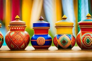 colorful pots and jars lined up on a table. AI-Generated photo