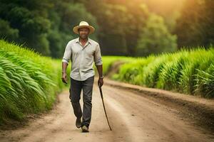 a man walking down a dirt road with cane. AI-Generated photo