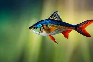 un pescado con azul y naranja aletas es nadando en el agua. generado por ai foto