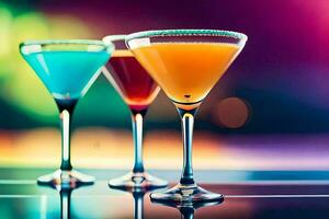 three colorful cocktails on a table. AI-Generated photo