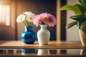 two vases with flowers on a table. AI-Generated photo