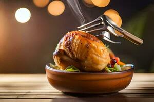 a chicken is being served with a fork on a wooden table. AI-Generated photo