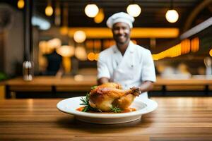 un cocinero participación un pollo en un lámina. generado por ai foto