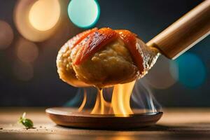 a wooden spoon being used to cook a chicken. AI-Generated photo