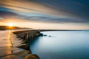a long exposure photograph of the sun setting over the ocean. AI-Generated photo