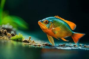 a fish with bright colors is standing on the water. AI-Generated photo