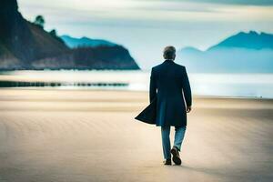 a man in a suit walks on the beach. AI-Generated photo