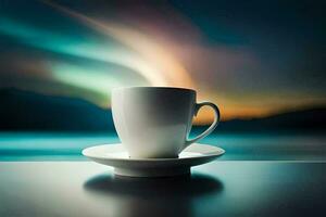 a cup of coffee on a table with a colorful background. AI-Generated photo