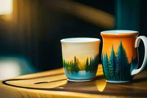 two coffee mugs with trees painted on them. AI-Generated photo