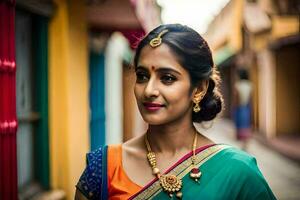 a beautiful indian woman in a colorful sari. AI-Generated photo